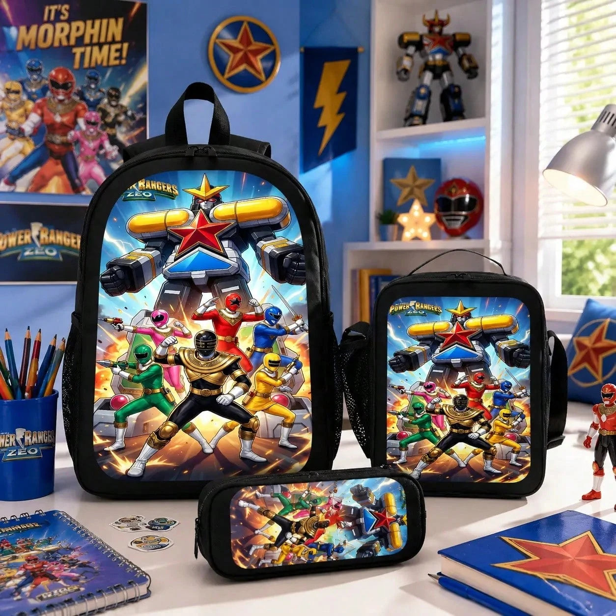 Mighty Morphin Power Rangers Cartoon Backpack Set 3PCS With Lunch Bag & Pencil Case School Backpack Travel Bag For Kids Students