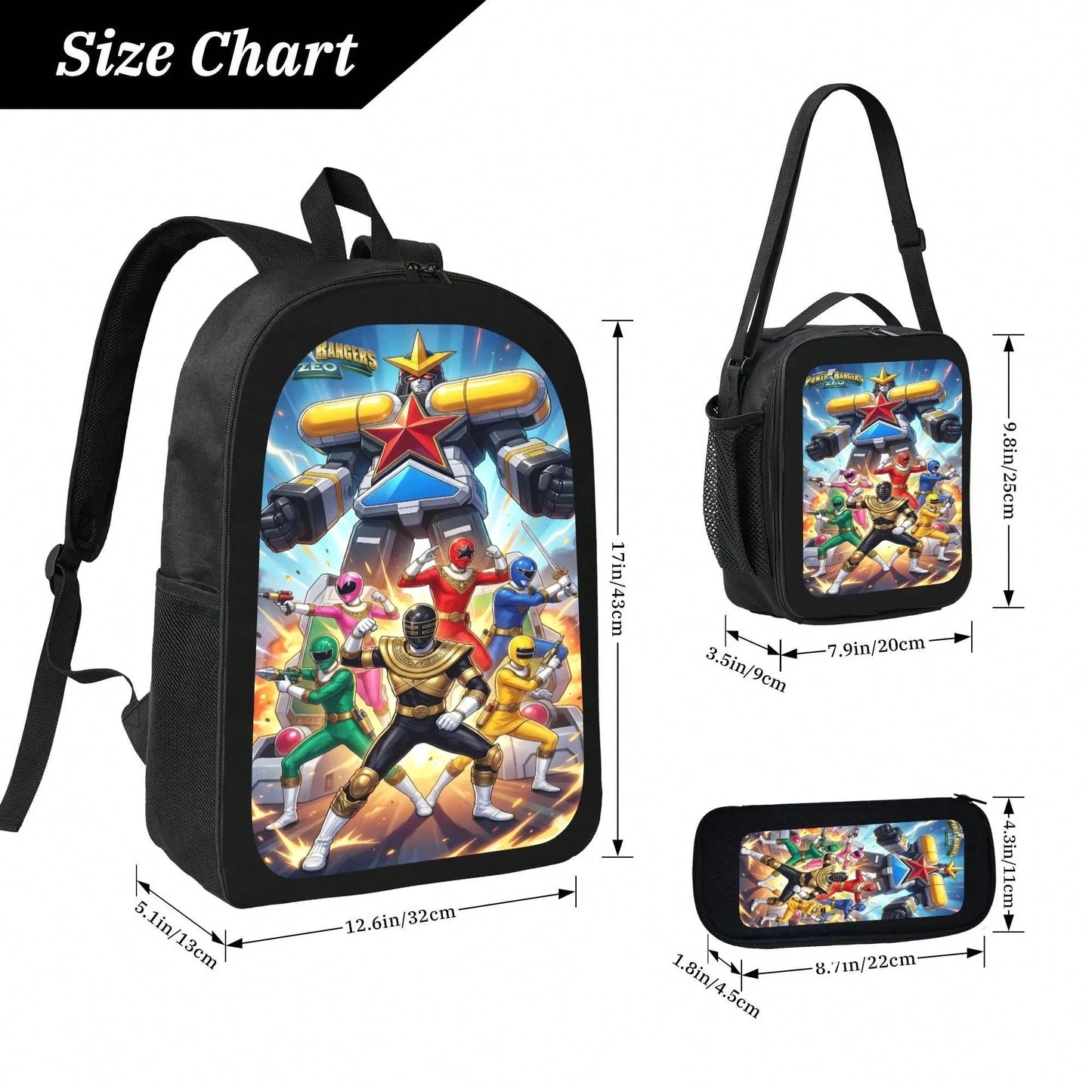 Mighty Morphin Power Rangers Cartoon Backpack Set 3PCS With Lunch Bag & Pencil Case School Backpack Travel Bag For Kids Students