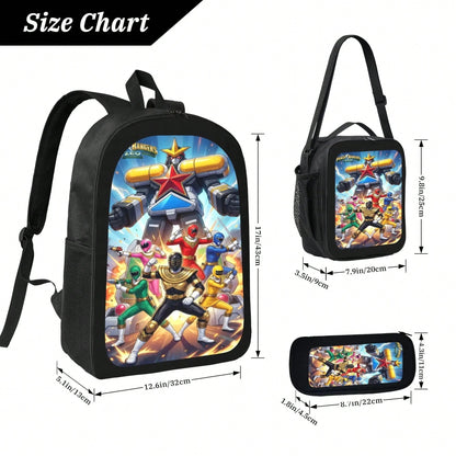 Mighty Morphin Power Rangers Cartoon Backpack Set 3PCS With Lunch Bag & Pencil Case School Backpack Travel Bag For Kids Students
