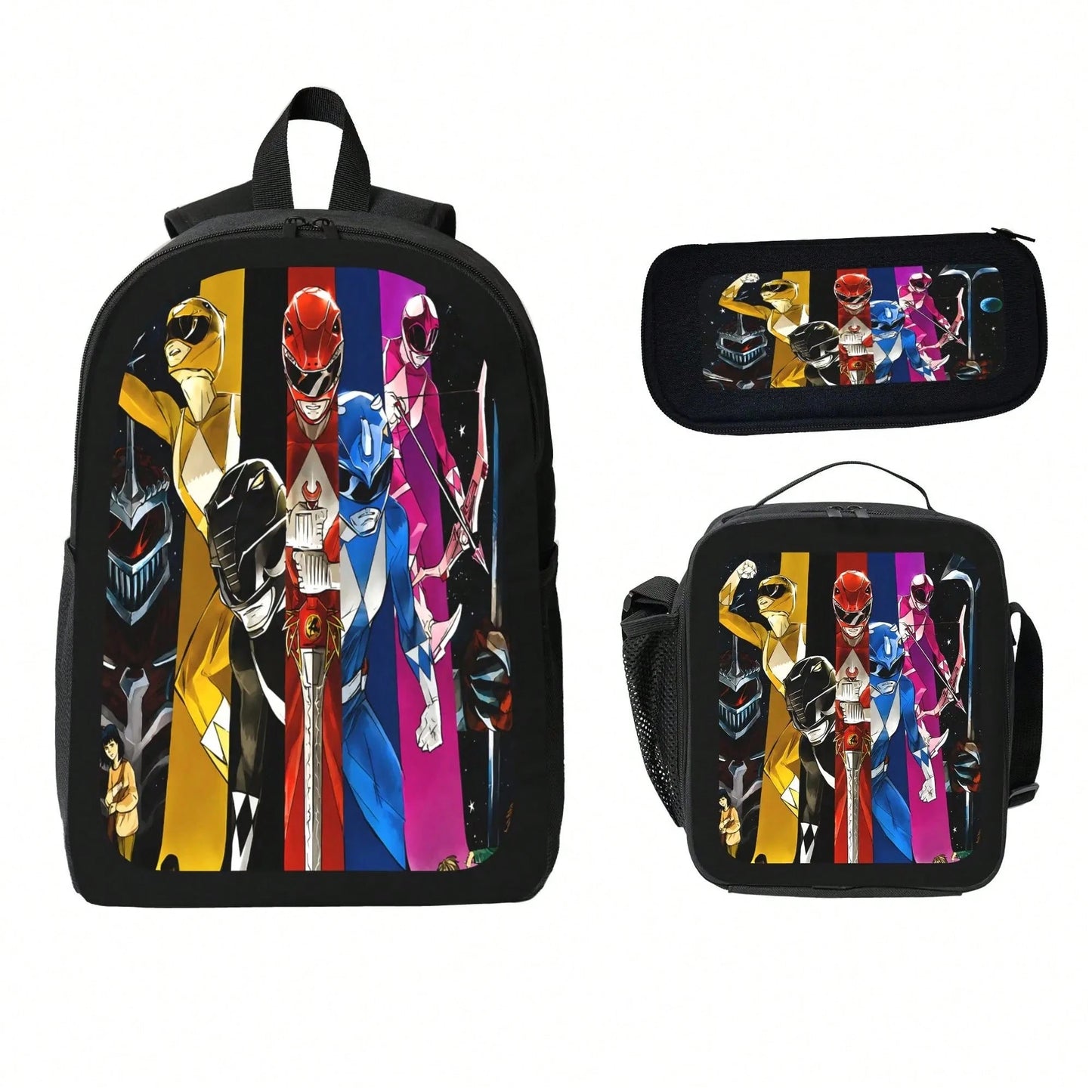 Mighty Morphin Power Rangers Cartoon Backpack Set 3PCS With Lunch Bag & Pencil Case School Backpack Travel Bag For Kids Students