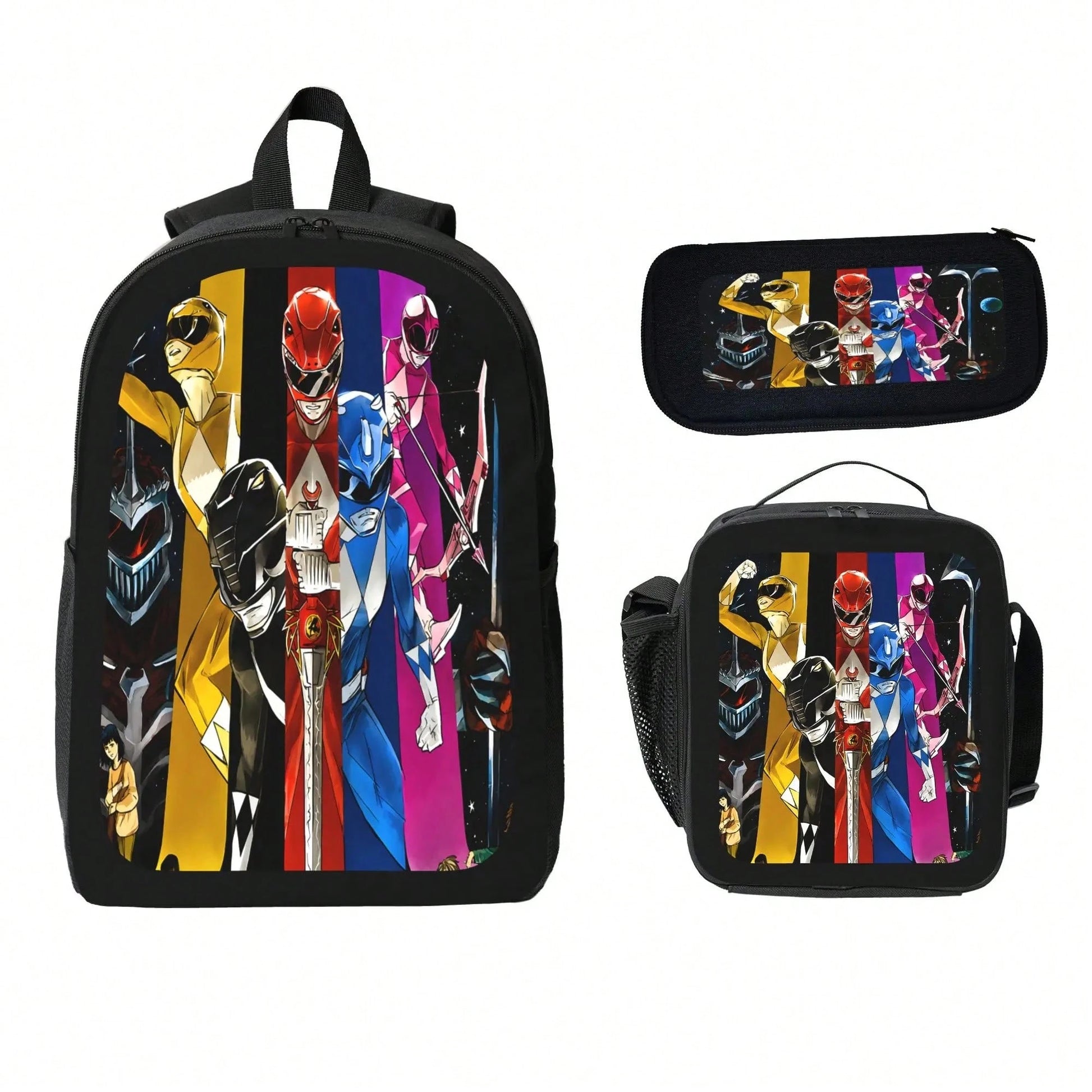 Mighty Morphin Power Rangers Cartoon Backpack Set 3PCS With Lunch Bag & Pencil Case School Backpack Travel Bag For Kids Students
