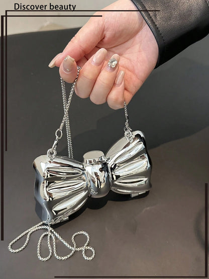 Mini Acrylic Electroplated Metallic Silver Shiny Bow Decor Clutch Bag, Versatile Women's Personalized Fashion Chain Lipstick Pouch, Jewelry/Earphone/Cosmetic Storage Box, Gift For Ladies, Suitable For