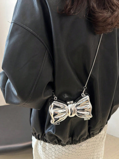 Mini Acrylic Electroplated Metallic Silver Shiny Bow Decor Clutch Bag, Versatile Women's Personalized Fashion Chain Lipstick Pouch, Jewelry/Earphone/Cosmetic Storage Box, Gift For Ladies, Suitable For