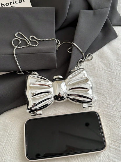 Mini Acrylic Electroplated Metallic Silver Shiny Bow Decor Clutch Bag, Versatile Women's Personalized Fashion Chain Lipstick Pouch, Jewelry/Earphone/Cosmetic Storage Box, Gift For Ladies, Suitable For
