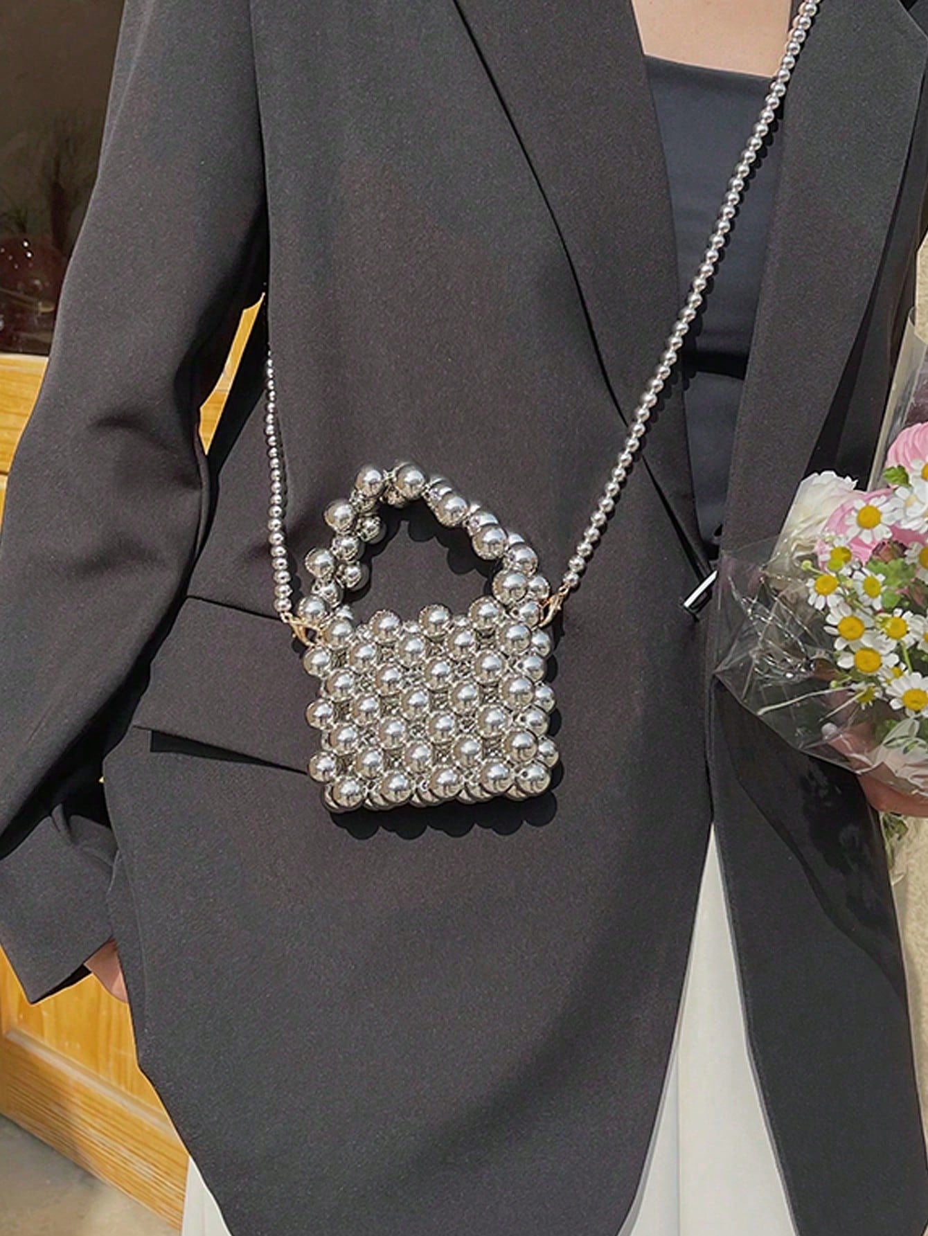 Mini Plain Beaded Handbag, Stylish Travel Accessory Crossbody Bag