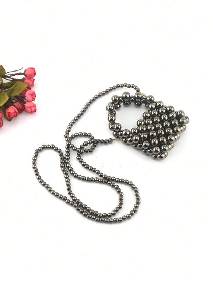 Mini Plain Beaded Handbag, Stylish Travel Accessory Crossbody Bag