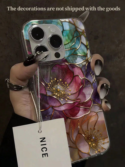 Minimalist Flower Elements Fashion Artistic Pearlescent Texture Flower Floral Painted Elegant New Feather Chiffon Silver Phone Case Compatible With IPhone 17/17 Pro Max, 15, 16/16 Pro, 15 Pro Max, P13