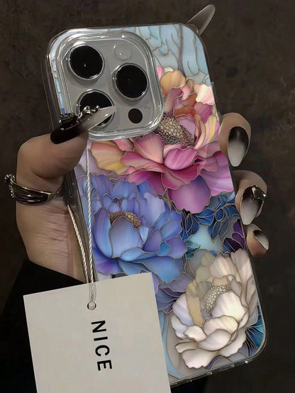 Minimalist Flower Elements Fashion Artistic Pearlescent Texture Flower Floral Painted Elegant New Feather Chiffon Silver Phone Case Compatible With IPhone 17/17 Pro Max, 15, 16/16 Pro, 15 Pro Max, P13