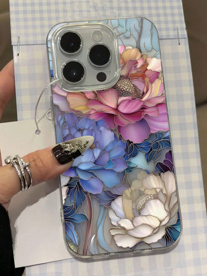Minimalist Flower Elements Fashion Artistic Pearlescent Texture Flower Floral Painted Elegant New Feather Chiffon Silver Phone Case Compatible With IPhone 17/17 Pro Max, 15, 16/16 Pro, 15 Pro Max, P13