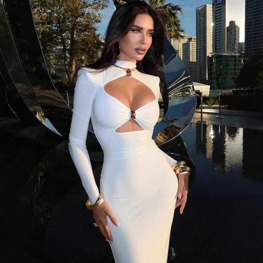 Minimalist Solid Long Dress Hollow Slim Elegant Bodycon Dress