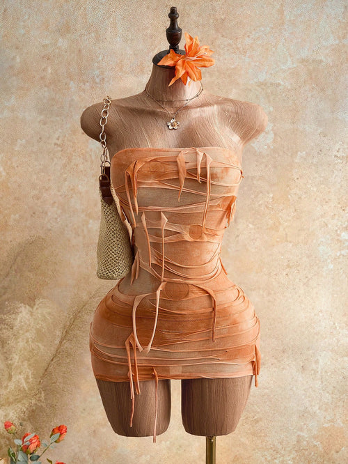 Mistrie Strapless Fitted Colorblock Asymmetrical Design Summer Fashion Dress