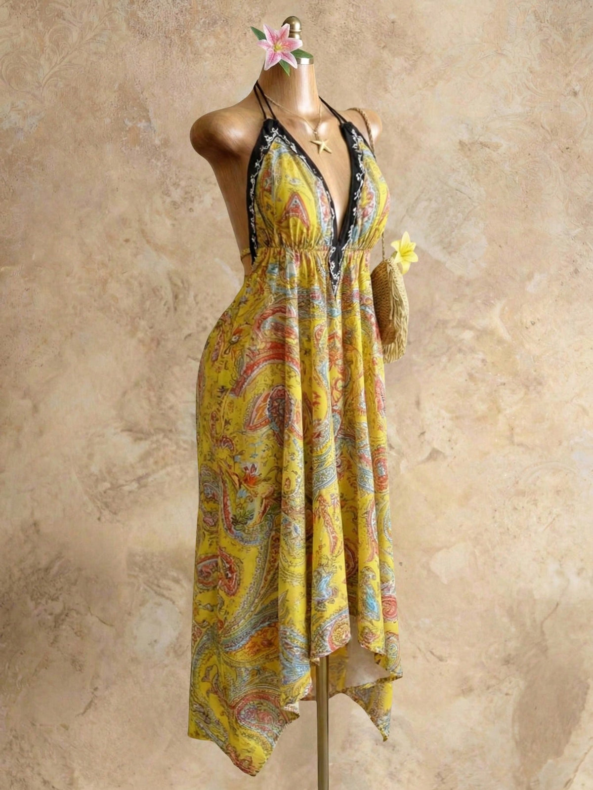 Mistrie Women's Yellow Summer Boho Beach Holiday Holiday, Halter V-Neck Cinched Waist Vintage Paisley Print Asymmetric Hem Chiffon Loose Fit Dress
