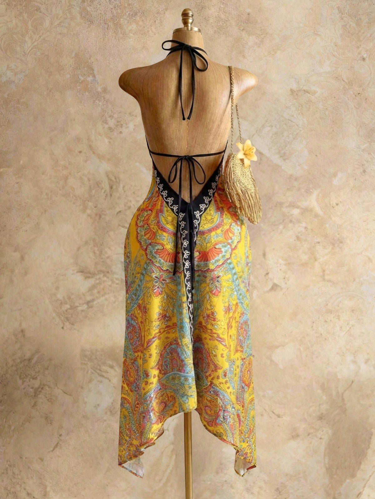 Mistrie Women's Yellow Summer Boho Beach Holiday Holiday, Halter V-Neck Cinched Waist Vintage Paisley Print Asymmetric Hem Chiffon Loose Fit Dress