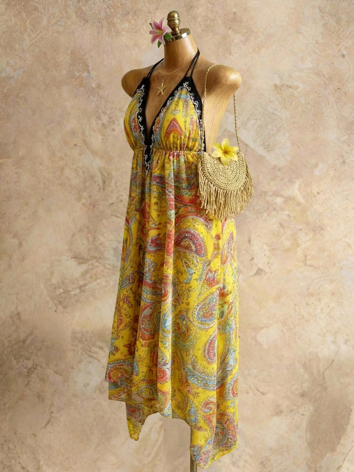 Mistrie Women's Yellow Summer Boho Beach Holiday Holiday, Halter V-Neck Cinched Waist Vintage Paisley Print Asymmetric Hem Chiffon Loose Fit Dress