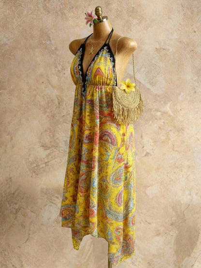 Mistrie Women's Yellow Summer Boho Beach Holiday Holiday, Halter V-Neck Cinched Waist Vintage Paisley Print Asymmetric Hem Chiffon Loose Fit Dress