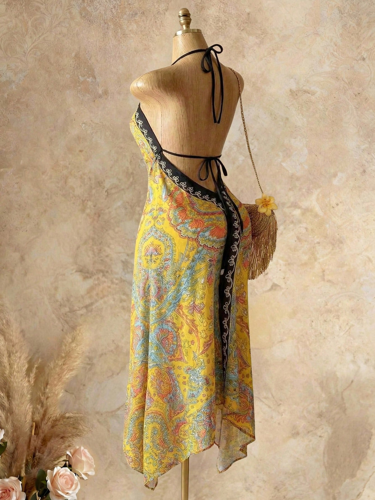 Mistrie Women's Yellow Summer Boho Beach Holiday Holiday, Halter V-Neck Cinched Waist Vintage Paisley Print Asymmetric Hem Chiffon Loose Fit Dress