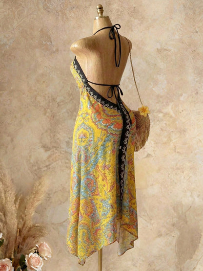 Mistrie Women's Yellow Summer Boho Beach Holiday Holiday, Halter V-Neck Cinched Waist Vintage Paisley Print Asymmetric Hem Chiffon Loose Fit Dress