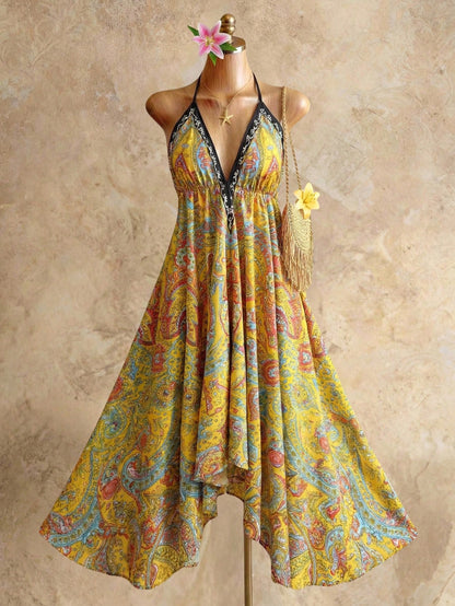 Mistrie Women's Yellow Summer Boho Beach Holiday Holiday, Halter V-Neck Cinched Waist Vintage Paisley Print Asymmetric Hem Chiffon Loose Fit Dress