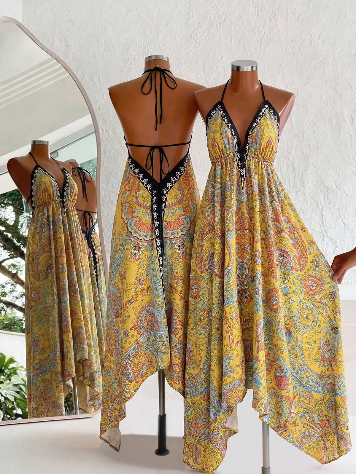 Mistrie Women's Yellow Summer Boho Beach Holiday Holiday, Halter V-Neck Cinched Waist Vintage Paisley Print Asymmetric Hem Chiffon Loose Fit Dress