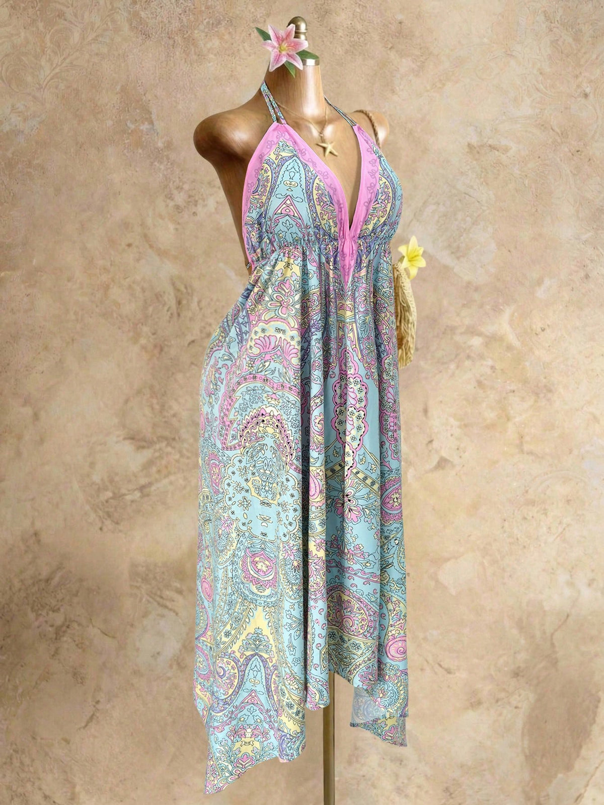 Mistrie Women's Yellow Summer Boho Beach Holiday Holiday, Halter V-Neck Cinched Waist Vintage Paisley Print Asymmetric Hem Chiffon Loose Fit Dress