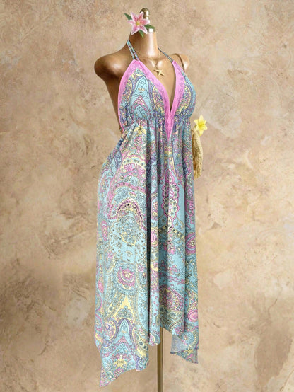 Mistrie Women's Yellow Summer Boho Beach Holiday Holiday, Halter V-Neck Cinched Waist Vintage Paisley Print Asymmetric Hem Chiffon Loose Fit Dress