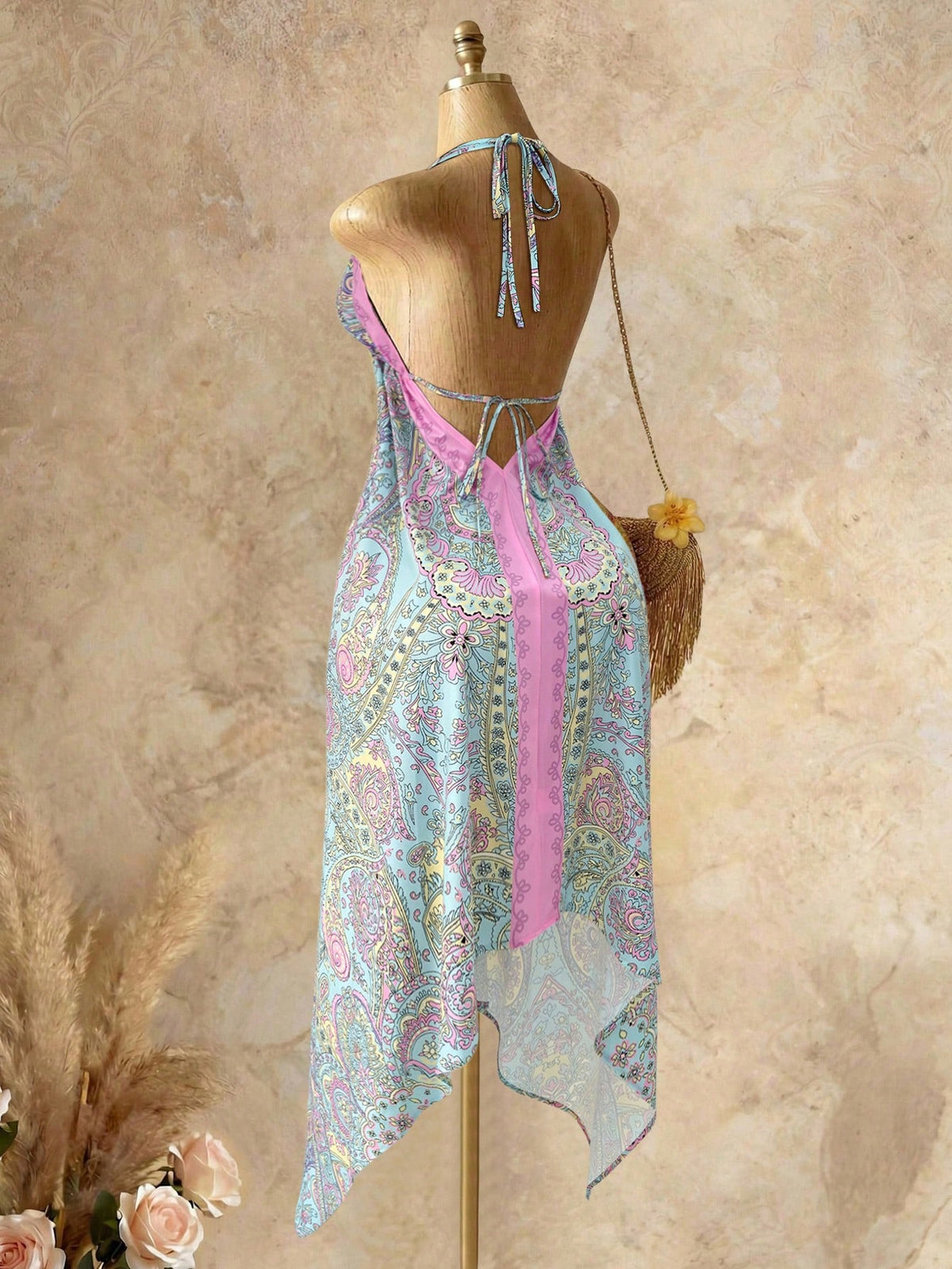 Mistrie Women's Yellow Summer Boho Beach Holiday Holiday, Halter V-Neck Cinched Waist Vintage Paisley Print Asymmetric Hem Chiffon Loose Fit Dress