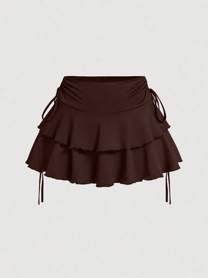 MOD All Shades Of Brown Summer Cute Vacation Women's Drawstring Waist Ruched Skirt, Ruffle Hem Tiered Layer Mini Regular Fit High Waist Plain Skirts