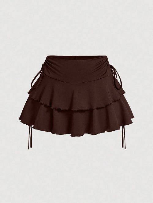MOD All Shades Of Brown Summer Cute Vacation Women's Drawstring Waist Ruched Skirt, Ruffle Hem Tiered Layer Mini Regular Fit High Waist Plain Skirts
