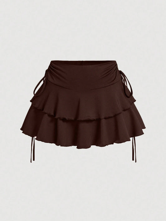 MOD All Shades Of Brown Summer Cute Vacation Women's Drawstring Waist Ruched Skirt, Ruffle Hem Tiered Layer Mini Regular Fit High Waist Plain Skirts