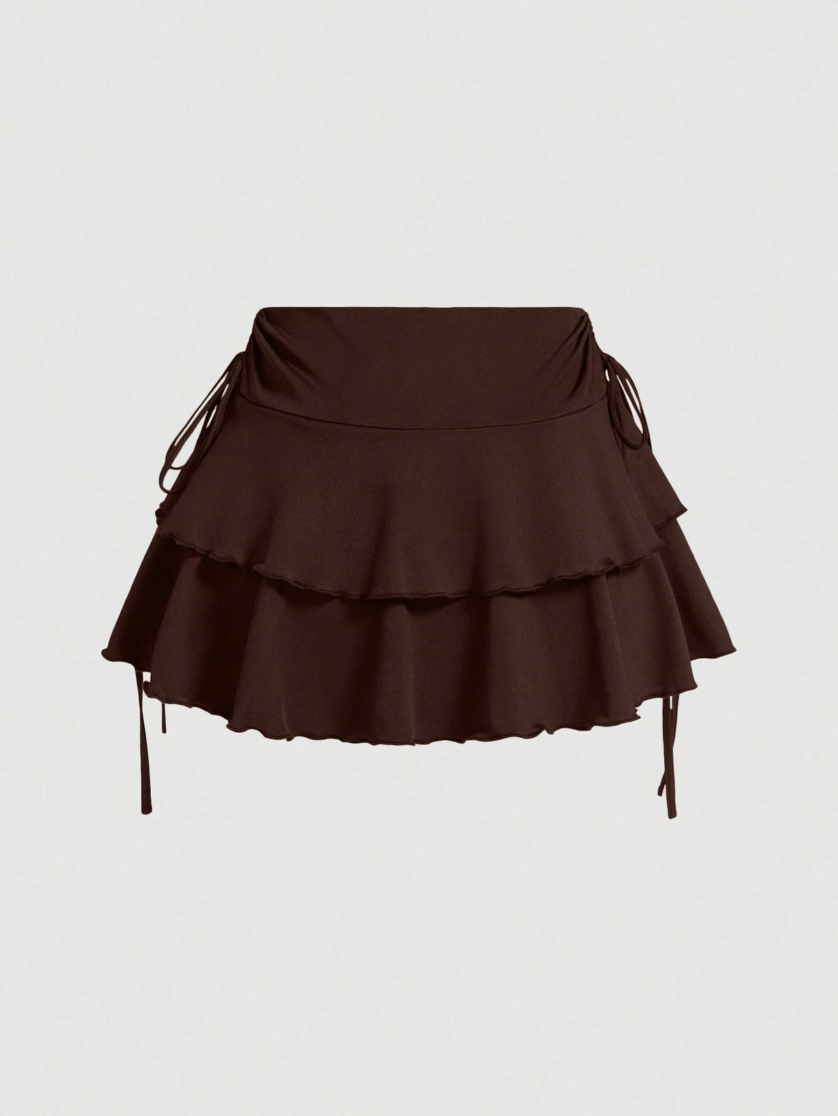 MOD All Shades Of Brown Summer Cute Vacation Women's Drawstring Waist Ruched Skirt, Ruffle Hem Tiered Layer Mini Regular Fit High Waist Plain Skirts
