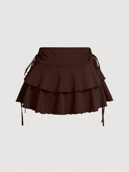 MOD All Shades Of Brown Summer Cute Vacation Women's Drawstring Waist Ruched Skirt, Ruffle Hem Tiered Layer Mini Regular Fit High Waist Plain Skirts