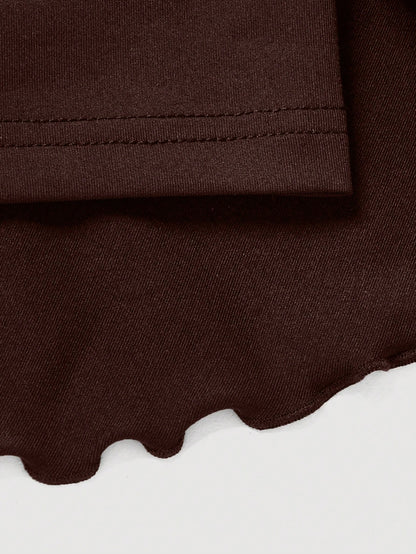 MOD All Shades Of Brown Summer Cute Vacation Women's Drawstring Waist Ruched Skirt, Ruffle Hem Tiered Layer Mini Regular Fit High Waist Plain Skirts