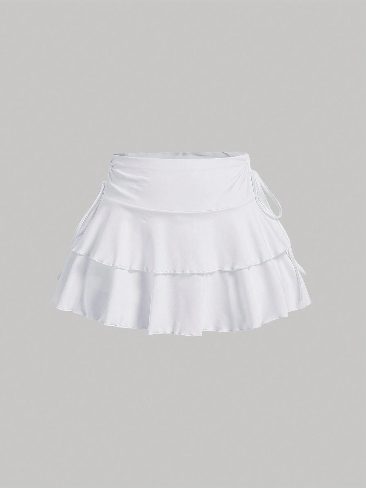 MOD All Shades Of Brown Summer Cute Vacation Women's Drawstring Waist Ruched Skirt, Ruffle Hem Tiered Layer Mini Regular Fit High Waist Plain Skirts