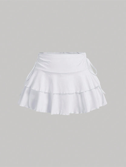 MOD All Shades Of Brown Summer Cute Vacation Women's Drawstring Waist Ruched Skirt, Ruffle Hem Tiered Layer Mini Regular Fit High Waist Plain Skirts