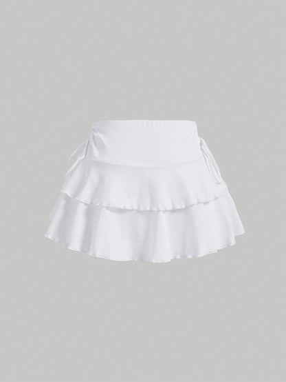 MOD All Shades Of Brown Summer Cute Vacation Women's Drawstring Waist Ruched Skirt, Ruffle Hem Tiered Layer Mini Regular Fit High Waist Plain Skirts