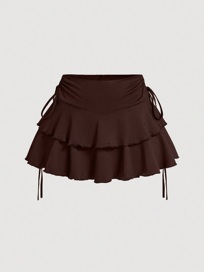 MOD All Shades Of Brown Summer Cute Vacation Women's Drawstring Waist Ruched Skirt, Ruffle Hem Tiered Layer Mini Regular Fit High Waist Plain Skirts
