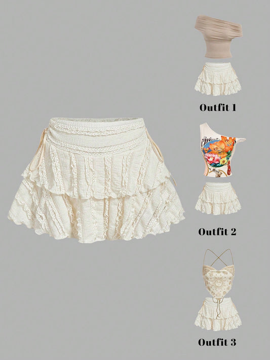 MOD Elegant Cute Tropical Off-White Drawstring Fold Detail Solid Color Cake Skirt,Autumn Picnic Vacation Holiday,Carnival Costume,Casual White Skirt