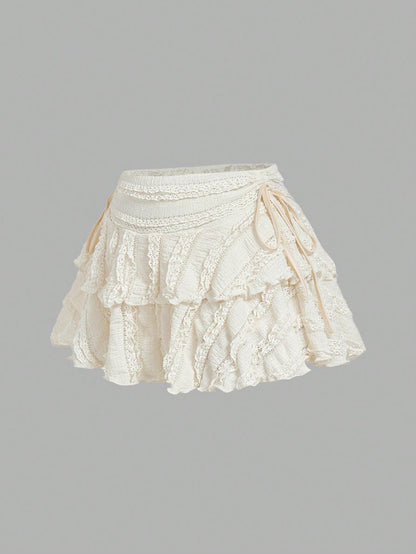 MOD Elegant Cute Tropical Off-White Drawstring Fold Detail Solid Color Cake Skirt,Autumn Picnic Vacation Holiday,Carnival Costume,Casual White Skirt