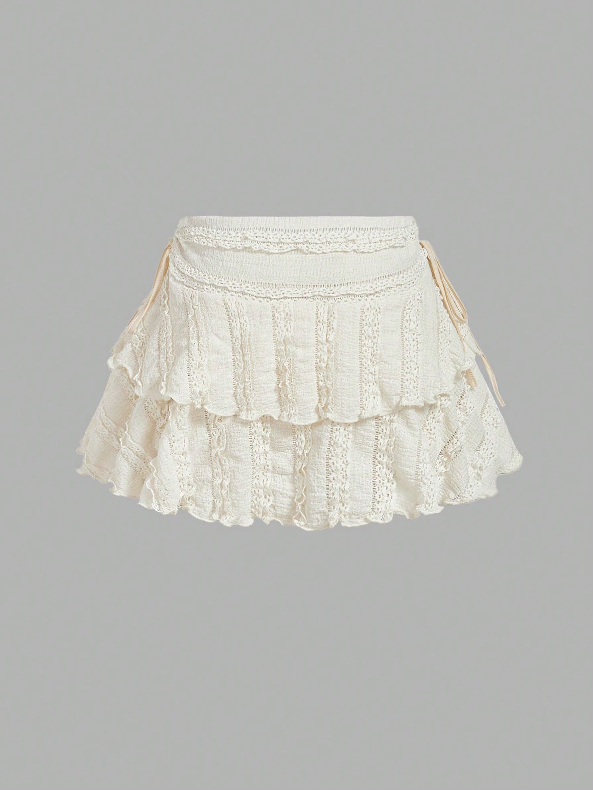 MOD Elegant Cute Tropical Off-White Drawstring Fold Detail Solid Color Cake Skirt,Autumn Picnic Vacation Holiday,Carnival Costume,Casual White Skirt