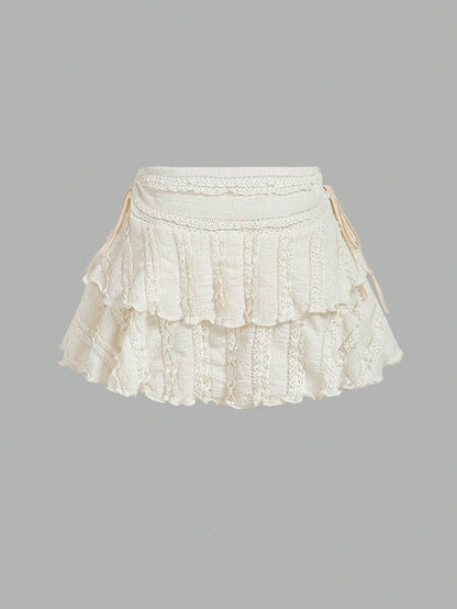 MOD Elegant Cute Tropical Off-White Drawstring Fold Detail Solid Color Cake Skirt,Autumn Picnic Vacation Holiday,Carnival Costume,Casual White Skirt