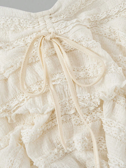 MOD Elegant Cute Tropical Off-White Drawstring Fold Detail Solid Color Cake Skirt,Autumn Picnic Vacation Holiday,Carnival Costume,Casual White Skirt