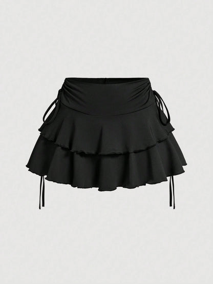 MOD Elegant Cute Tropical Off-White Drawstring Fold Detail Solid Color Cake Skirt,Autumn Picnic Vacation Holiday,Carnival Costume,Casual White Skirt