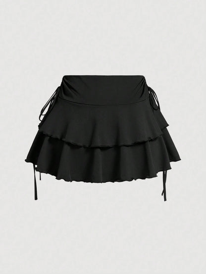 MOD Elegant Cute Tropical Off-White Drawstring Fold Detail Solid Color Cake Skirt,Autumn Picnic Vacation Holiday,Carnival Costume,Casual White Skirt