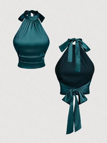 MOD Olive Green Stand Collar Tie-Up Bow Backless Halter Top