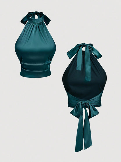 MOD Olive Green Stand Collar Tie-Up Bow Backless Halter Top