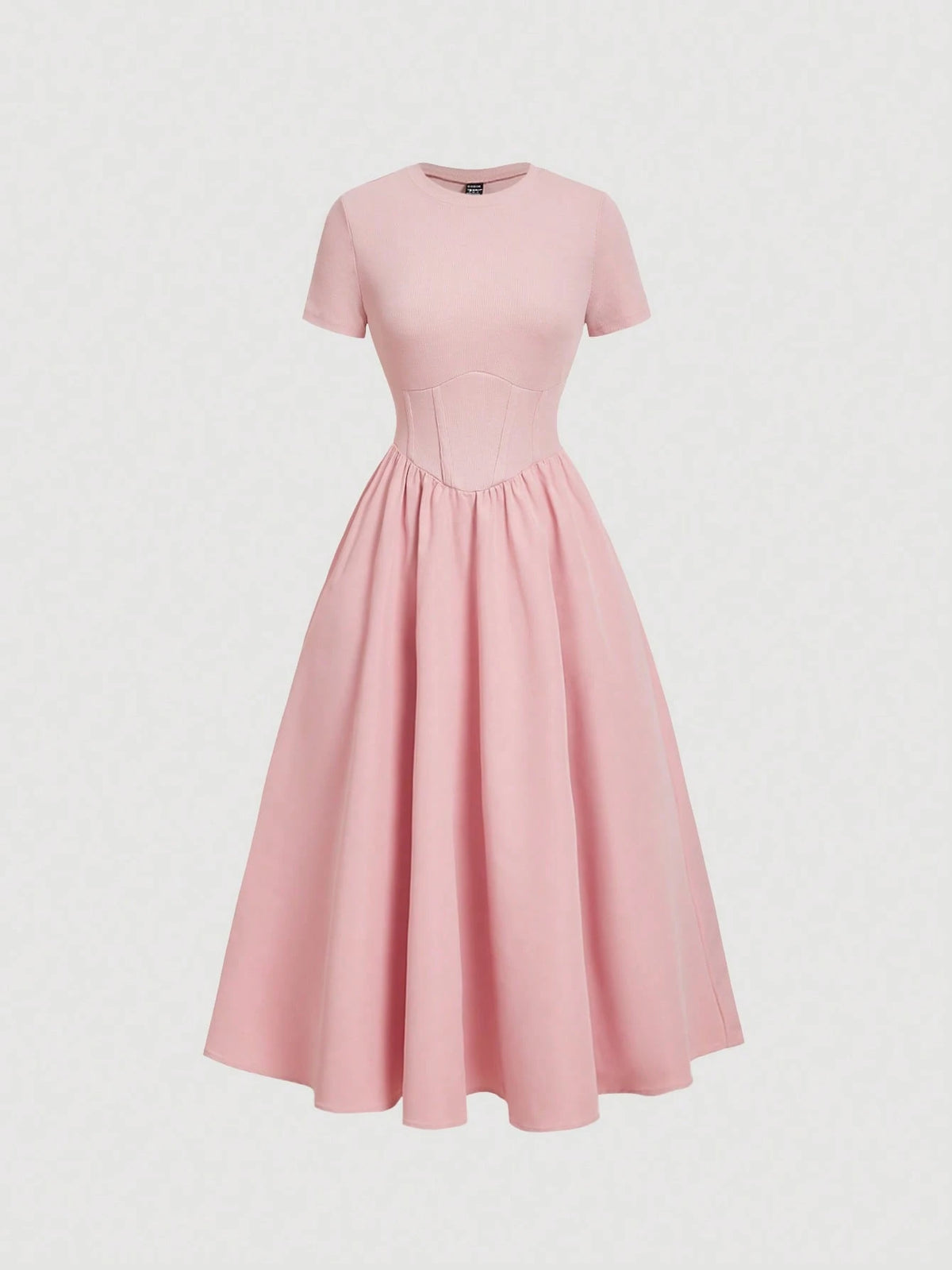 MOD Pink Fishbone Pattern Short Sleeve Mid-Length Dress,Office Outfits For Women,Casual,Vacation Dress,Boho,Work Clothes Women, Wedding Guest Dress