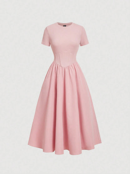 MOD Pink Fishbone Pattern Short Sleeve Mid-Length Dress,Office Outfits For Women,Casual,Vacation Dress,Boho,Work Clothes Women, Wedding Guest Dress