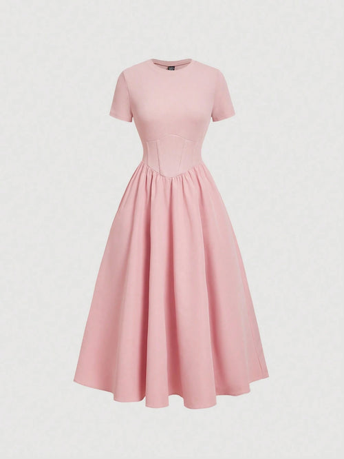 MOD Pink Fishbone Pattern Short Sleeve Mid-Length Dress,Office Outfits For Women,Casual,Vacation Dress,Boho,Work Clothes Women, Wedding Guest Dress