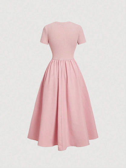 MOD Pink Fishbone Pattern Short Sleeve Mid-Length Dress,Office Outfits For Women,Casual,Vacation Dress,Boho,Work Clothes Women, Wedding Guest Dress