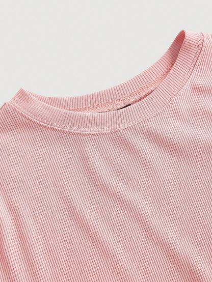MOD Pink Fishbone Pattern Short Sleeve Mid-Length Dress,Office Outfits For Women,Casual,Vacation Dress,Boho,Work Clothes Women, Wedding Guest Dress